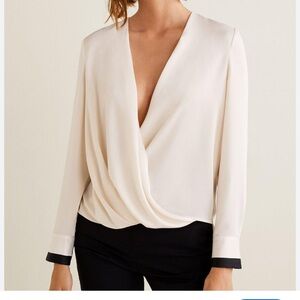 Mango Cream Drape Blouse with Black Accents